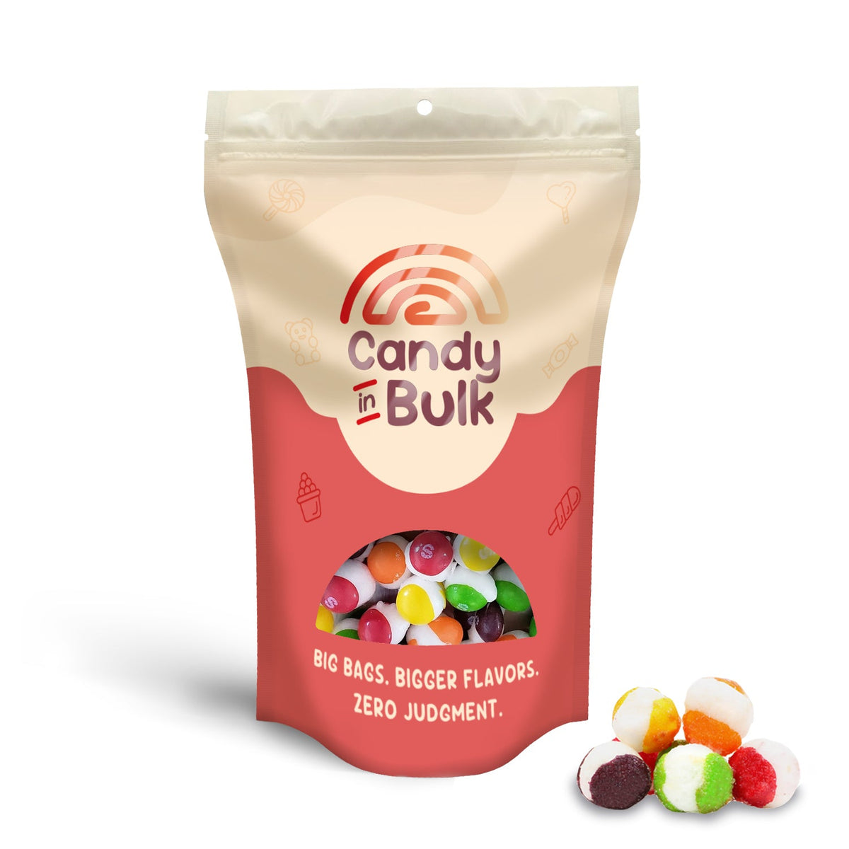 Freeze-dried Skittles POP'd candy in a 1lb bulk bag, colorful original flavor by Candy In Bulk, showing vibrant, crunchy candy pieces.