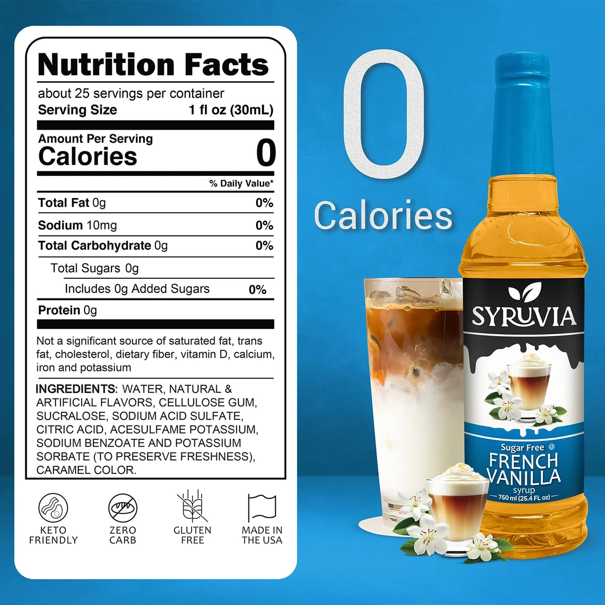 Bottle of Syruvia sugar-free French vanilla syrup with clear label and vanilla flavor indication on the front.