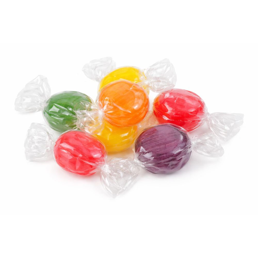 Assorted fruit-flavored hard candies in a bulk Candy In Bulk package, colorful round fruit buttons candies.