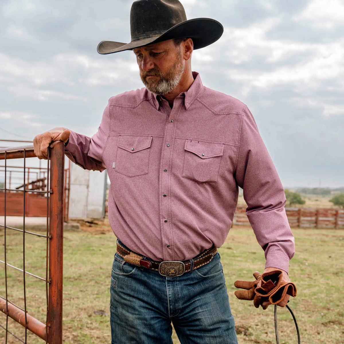 Maroon long sleeve pearl snap shirt by GameGuard featuring pearl snap buttons and classic western style.