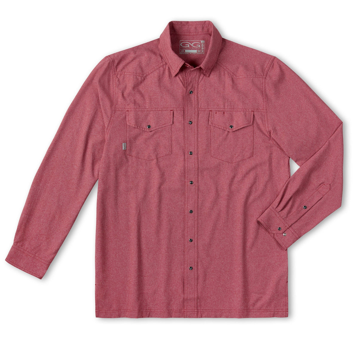 Crimson pearl snap long sleeve shirt by GameGuard featuring classic button snaps and a vibrant crimson color.