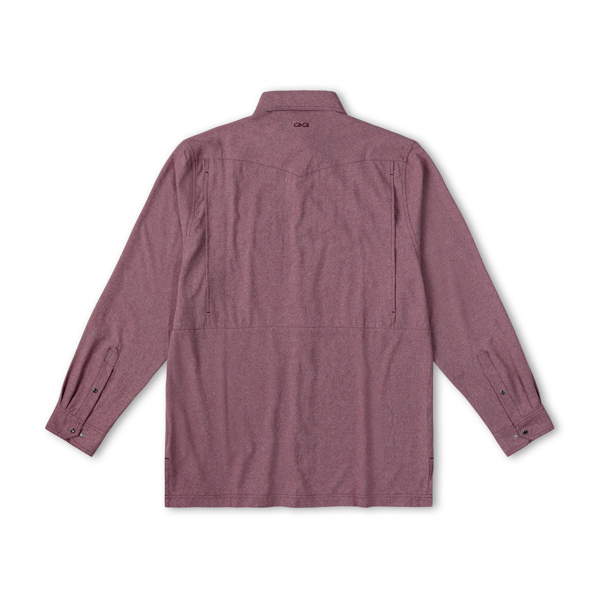 Maroon pearl snap long sleeve shirt by GameGuard, featuring button snaps and a classic Western style.