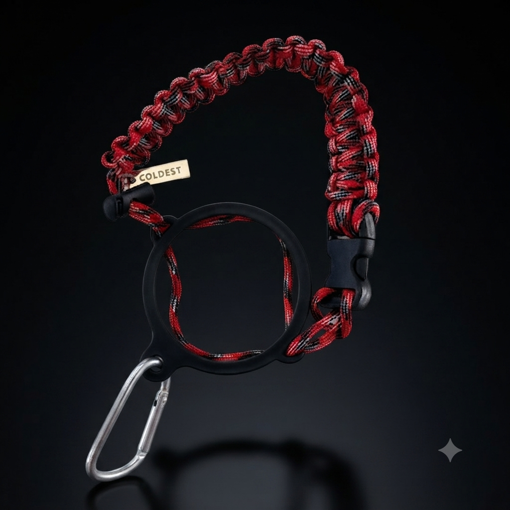 Coldest Paracord Handle accessory with durable black paracord and metal fittings, designed for comfortable grip and secure attachment.