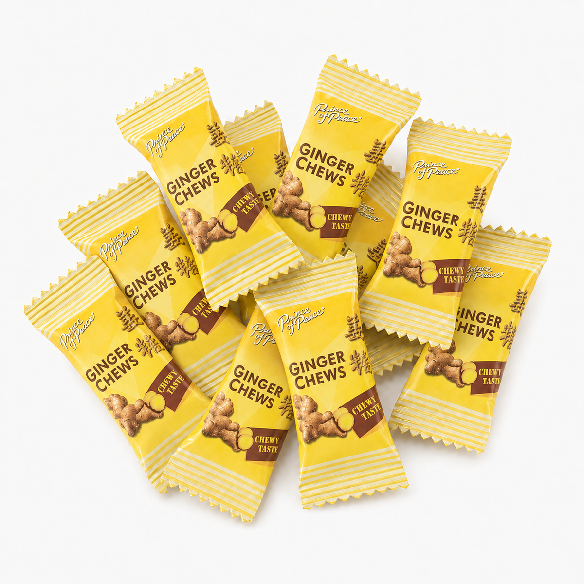Prince of Peace Ginger Chews in original flavor, soft candy with spicy ginger pieces, by Candy In Bulk.