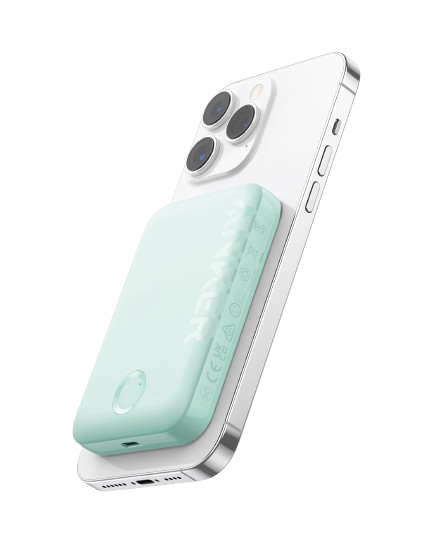 Anker 321 MagGo PowerCore Magnetic 5K portable charging battery with green design and magnetic attachment for devices.