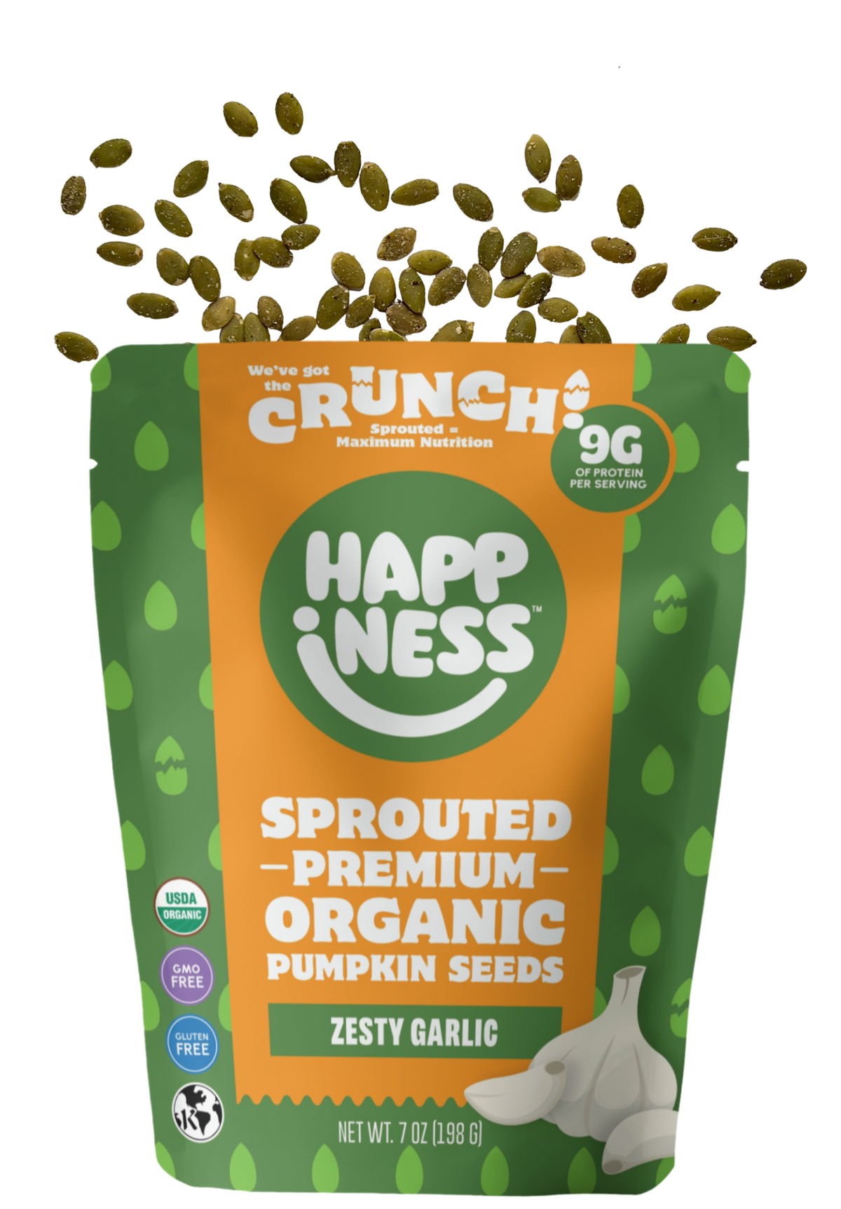 Fresh garlic bulbs and cloves from Happiness Foods' Zesty Garlic, displayed in a natural, appetizing arrangement.