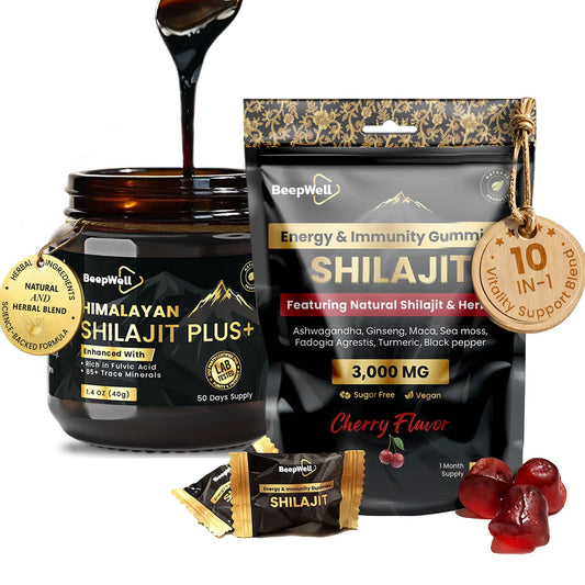 BeepWell Shilajit Resin Plus and Gummies bundle, showing the resin jar and gummy supplement on a white background.