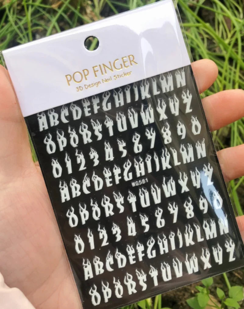 Black Gothic letter nail art stickers featuring Old English font from Blushimmer, perfect for gothic nail decoration and transfers.