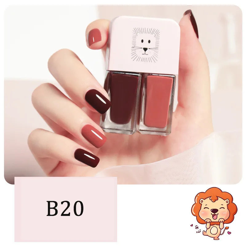 Blushimmer 2-in-1 candy color water-based nail polish with quick-dry, waterproof, no-bake formula and vibrant, long-lasting finish.
