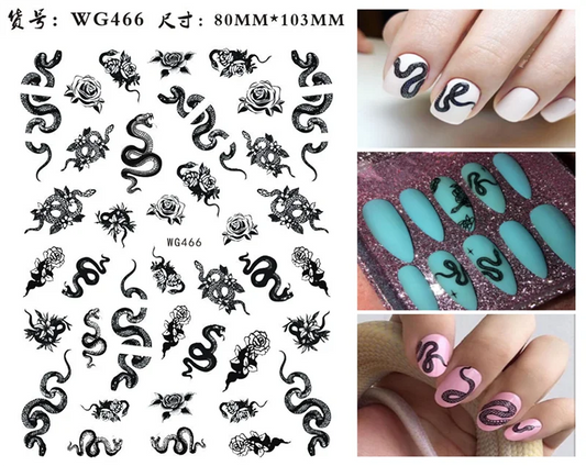 Black and multicolor snake, dragon, and butterfly nail sticker decals by Blushimmer for nail art decoration and water transfer tattoos.