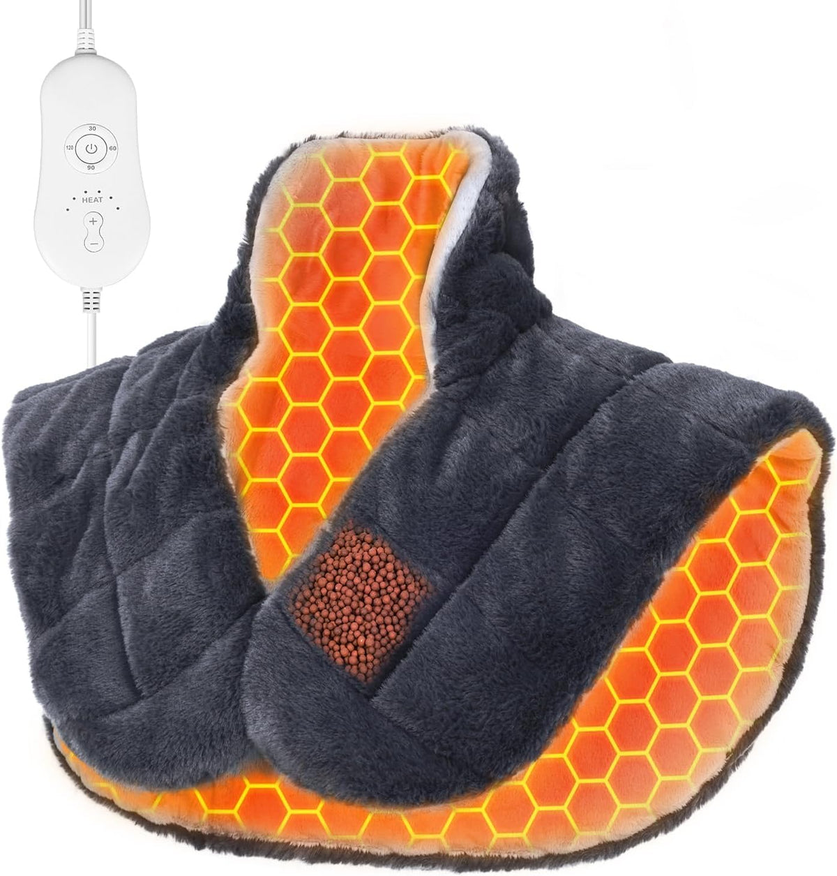 iReliev weighted heating pad for neck and shoulders showing soft fabric and adjustable straps for pain relief and warmth.