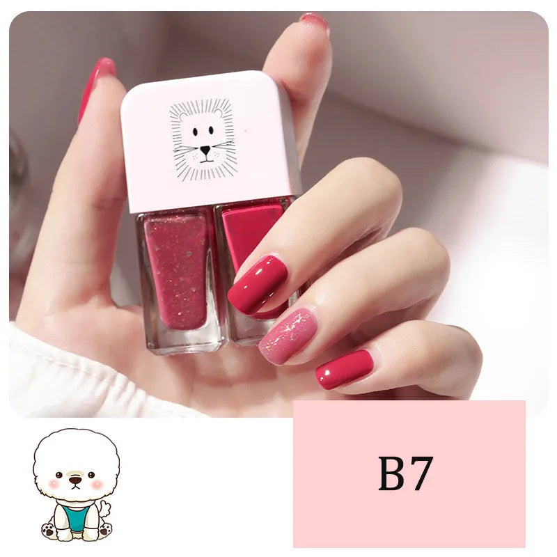 Blushimmer 2-in-1 candy color nail polish with water-based formula, quick-drying, waterproof, and long-lasting for a bright manicure.