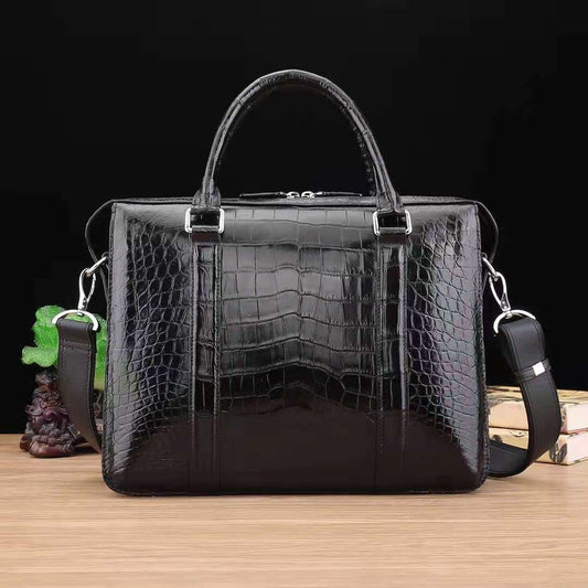 Handmade crocodile belly leather briefcase by Don John, featuring a stylish business laptop bag for men.