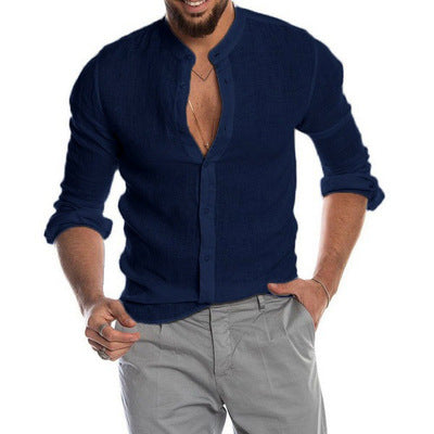 Men's long sleeve cotton linen shirt by Don John, casual style with a relaxed fit and neutral color, displayed on a hanger.