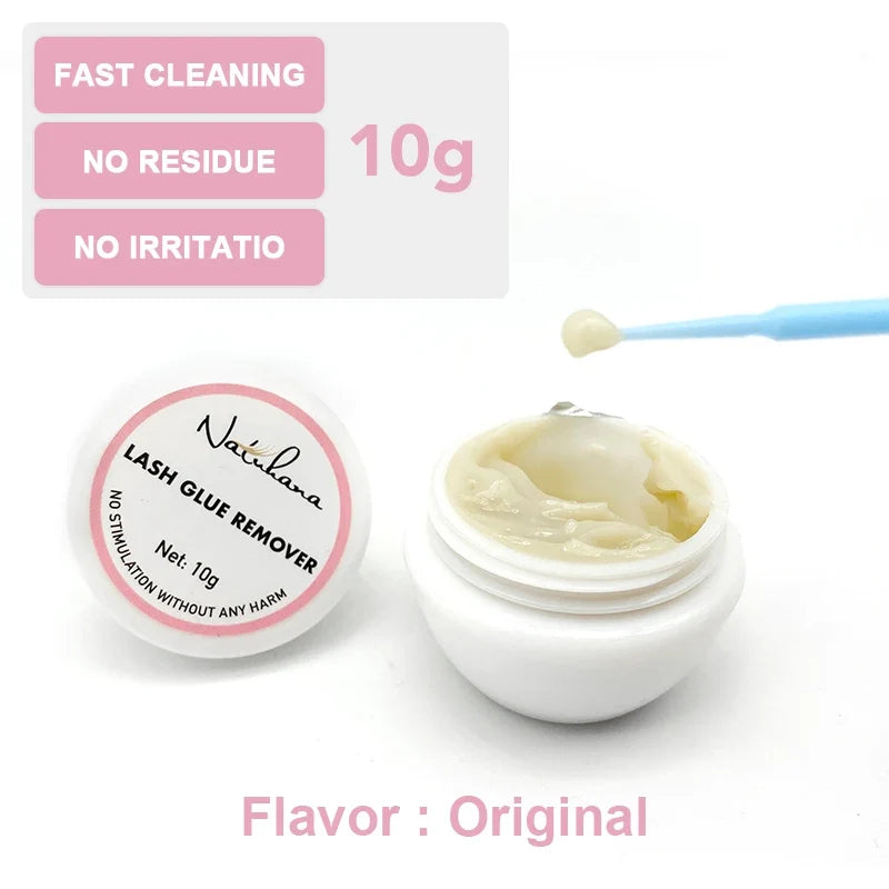 Blushimmer NATUHANA eyelash glue remover cream for easy removal of eyelash adhesive, professional makeup tool, in a small jar.