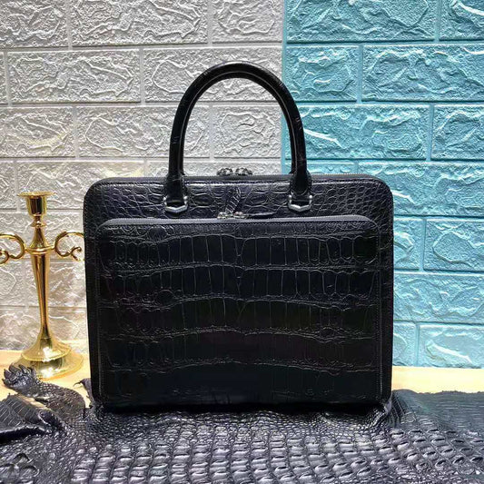 Black crocodile belly leather men's handbag by Don John with sleek design and sturdy handle.