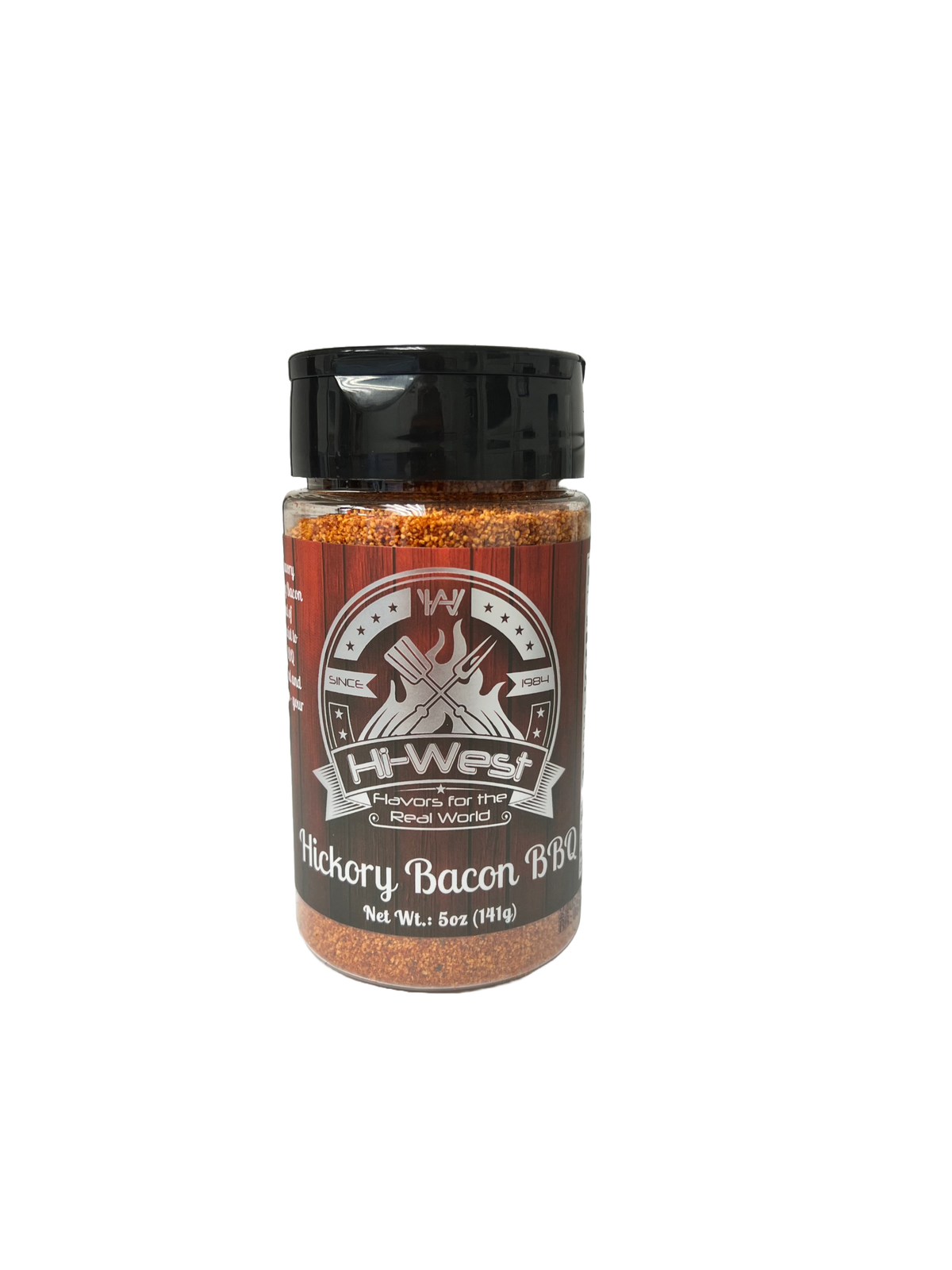 Hi-West Hickory Bacon BBQ Seasoning in a jar, featuring smoky hickory flavor and bacon seasoning for grilling and barbecues.
