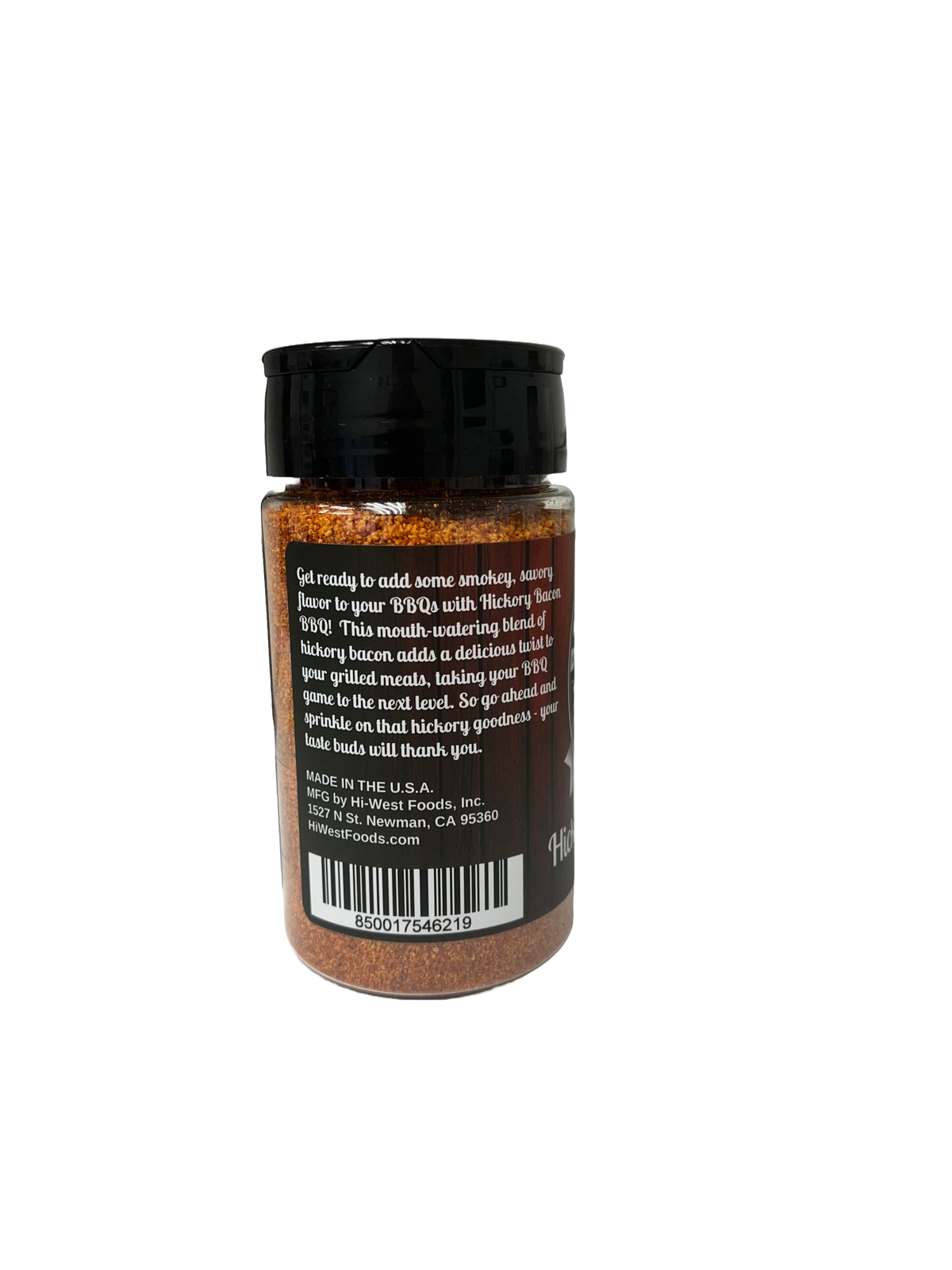 Hi-West Hickory Bacon BBQ Seasoning jar with labeled spice blend for grilling and seasoning meats.