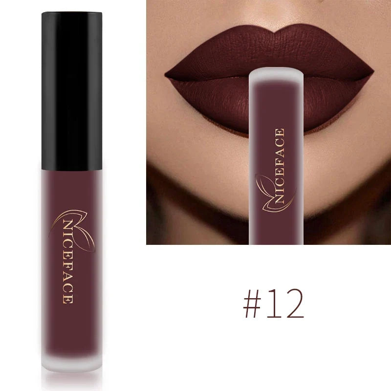 Blushimmer NICEFACE nude liquid lipstick in waterproof velvet matte finish, showing the long-lasting, non-stick lip tint application.