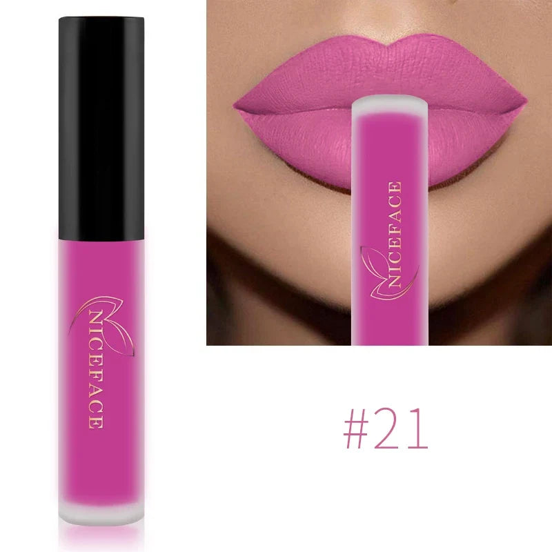 Blushimmer NICEFACE matte liquid lipstick in sexy red, nude, purple, and metallic shades, waterproof long-lasting lip gloss tint.