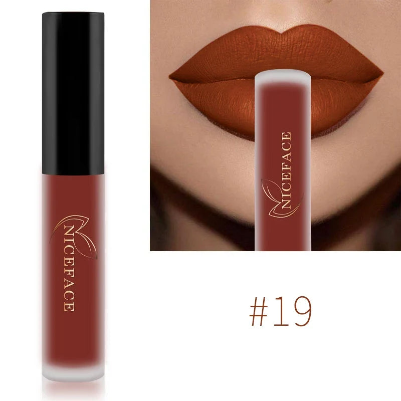 Blushimmer NICEFACE Nude Liquid Lipstick in waterproof velvet matte finish, showing smooth, long-lasting lip gloss on lips.