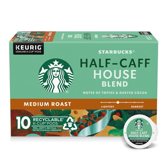 KupofK Coffee Starbucks Half-Caff House Blend K-cups, 10 count, single-serving coffee pods for Keurig brewers.