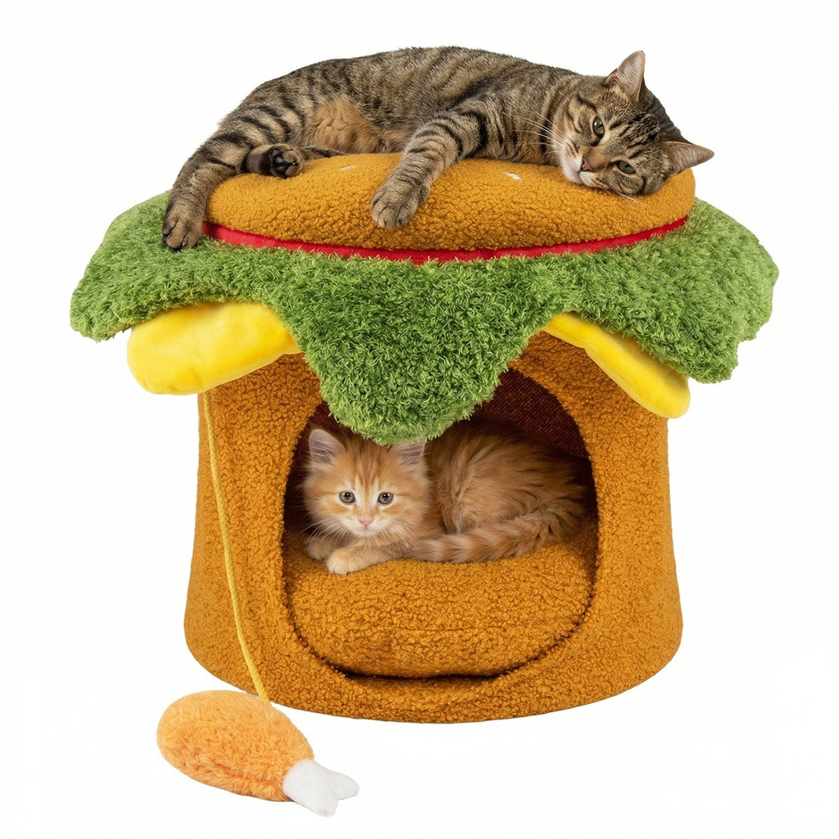 Hamburger-shaped cat nest with removable cushion and chicken drumstick toy for indoor cats, designed for cozy comfort and play.