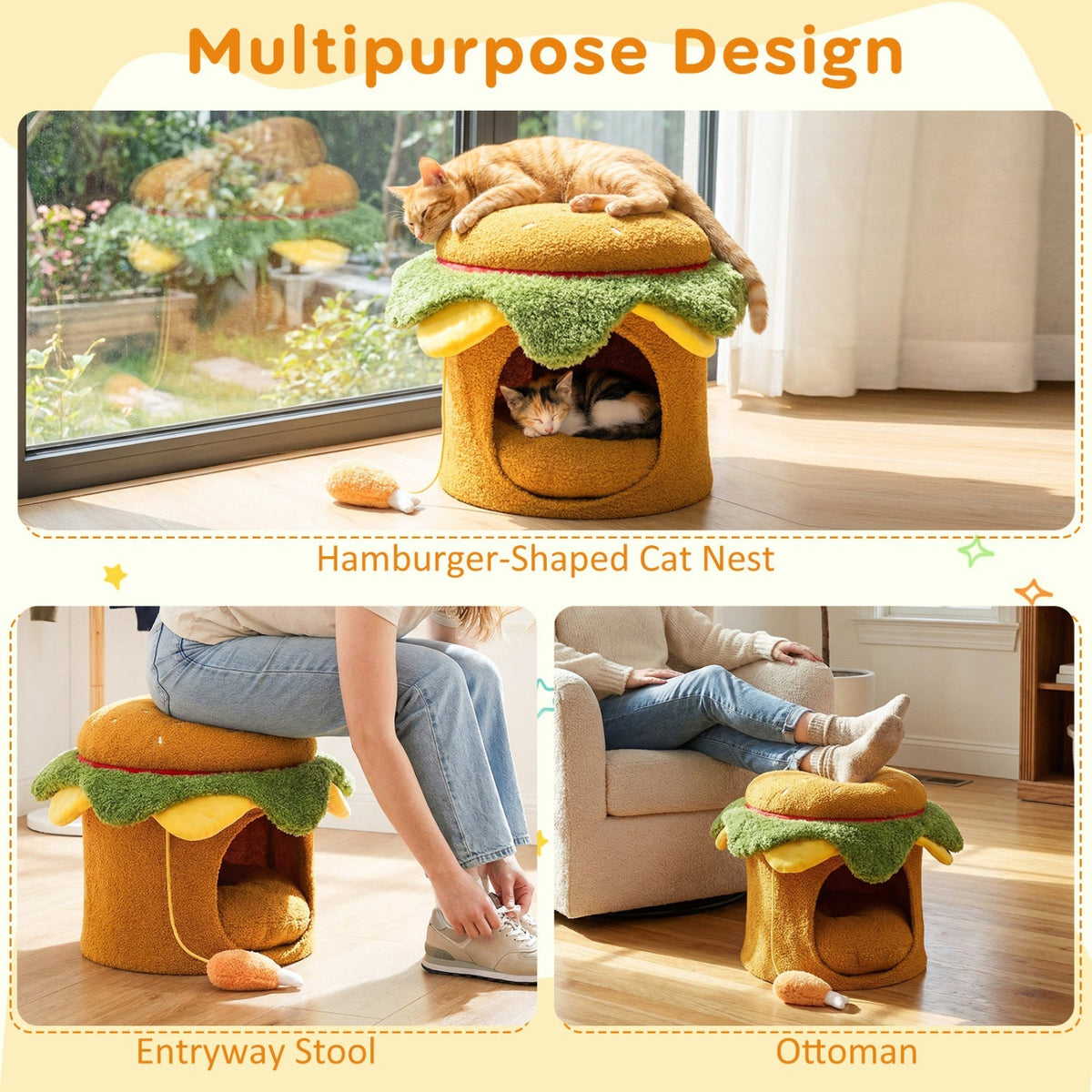 Hamburger-shaped cat nest with removable cushion and chicken drumstick toy, cozy indoor bed for cats by GBruno Store