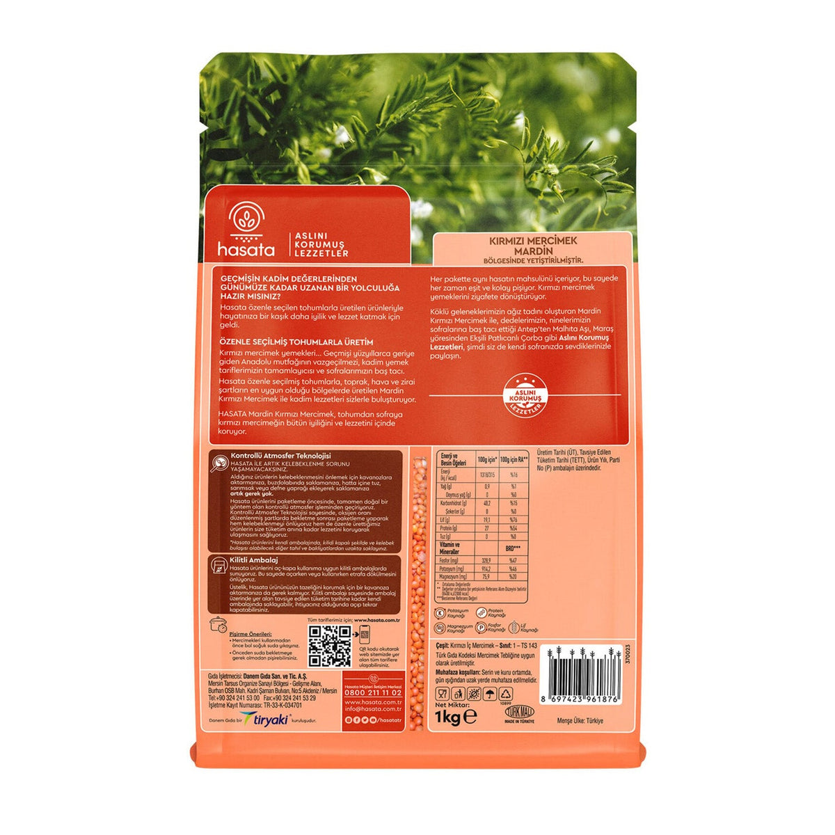 S101 Hasata Red Lentils in a 1kg bag, showcasing vibrant red lentils ready for cooking in a natural setting.