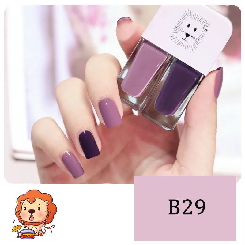 Blurred image of Blushimmer 2-in-1 candy color water-based nail polish with bright, quick-dry, waterproof finish on nails.