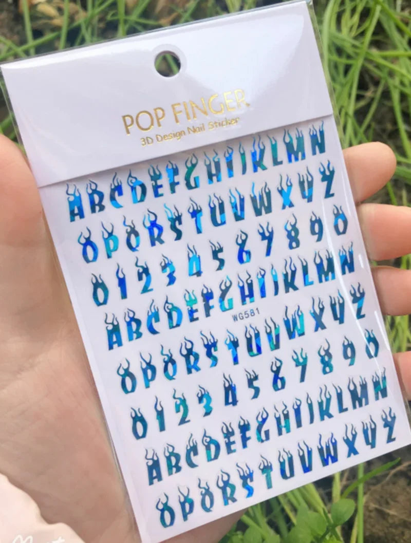 Black Gothic Nail Art Stickers with Old English Letter Transfers by Blushimmer, decorative goth-themed nail sticker decals.