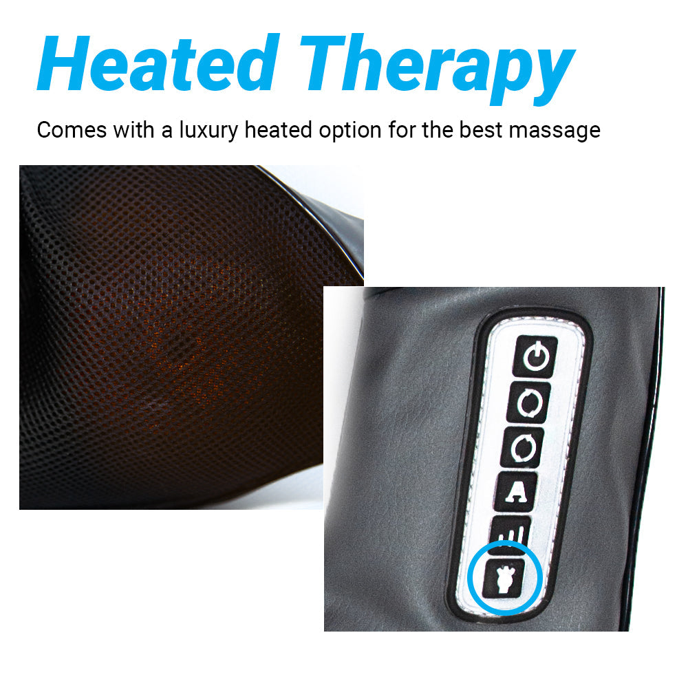 iReliev shiatsu neck and back massager with heated therapy, showing its ergonomic design and massage nodes for soothing relief.
