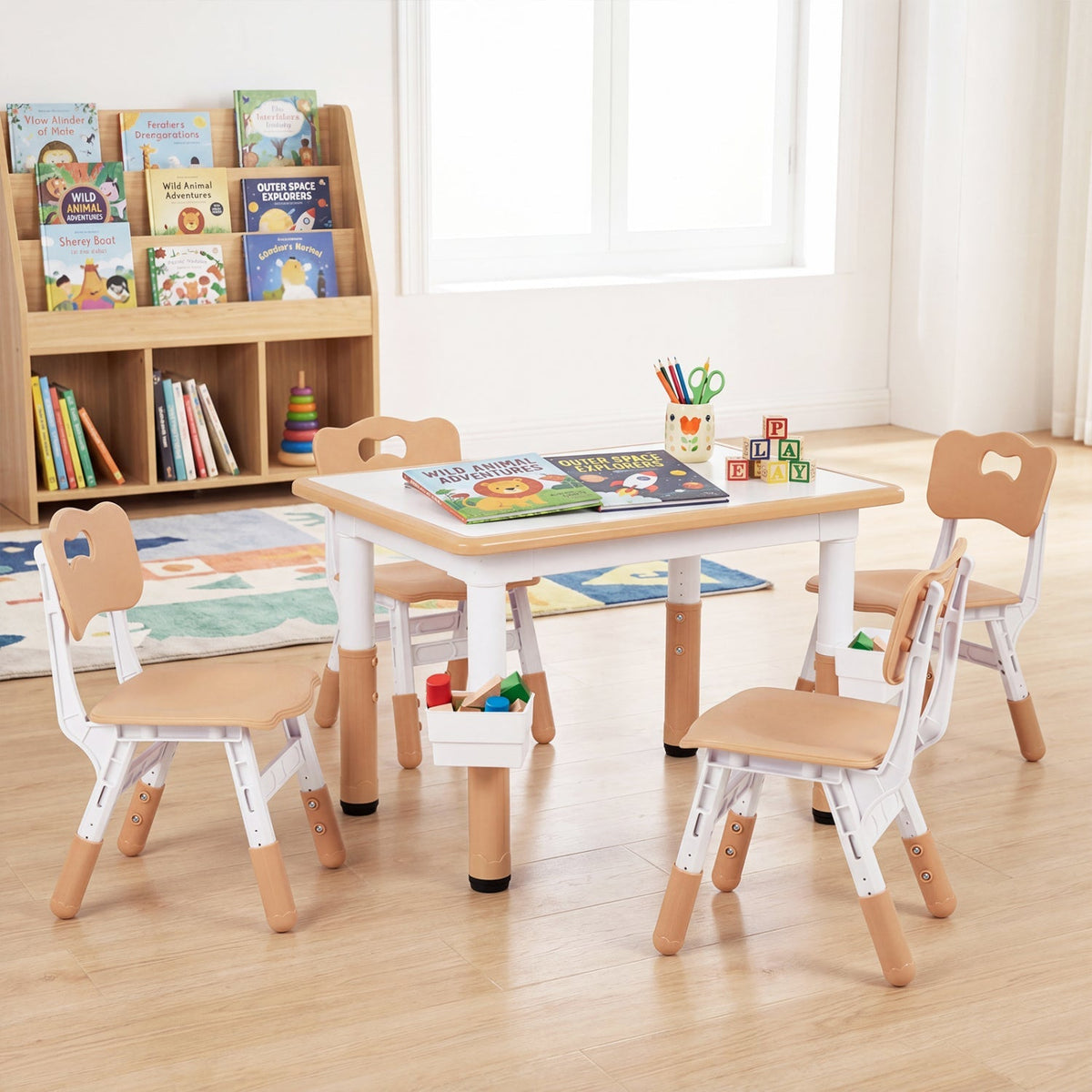 Kids table and four chairs set with adjustable height, featuring colorful plastic seats and a sturdy wooden table for children's activities.