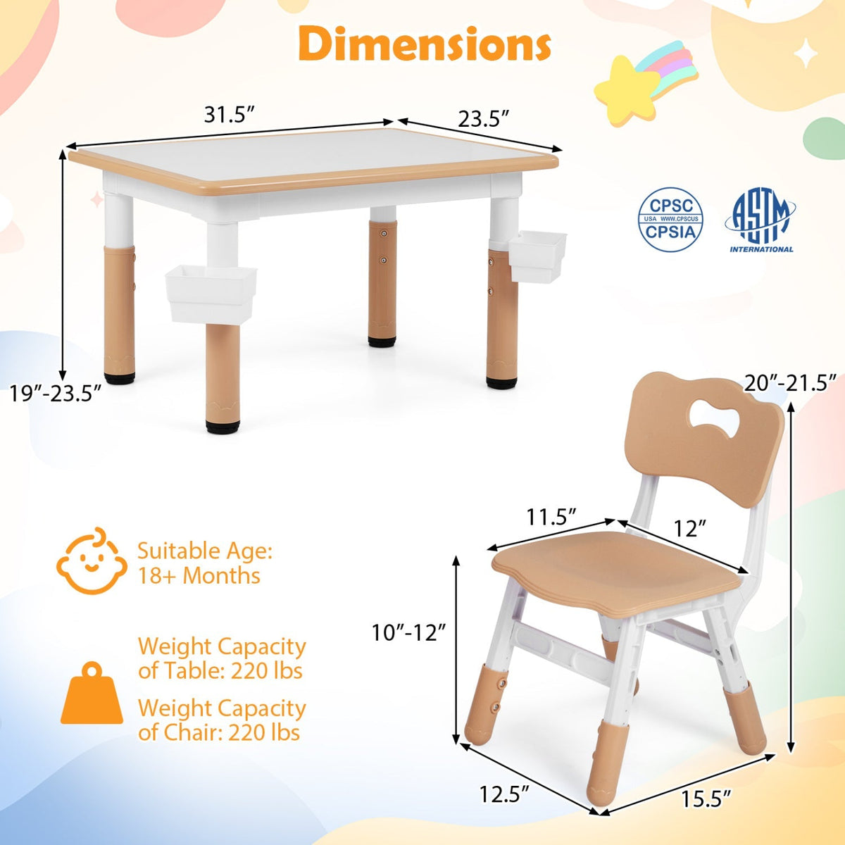 Kids table and four adjustable height chairs set by GBruno Store, featuring a colorful table and matching chairs for children.