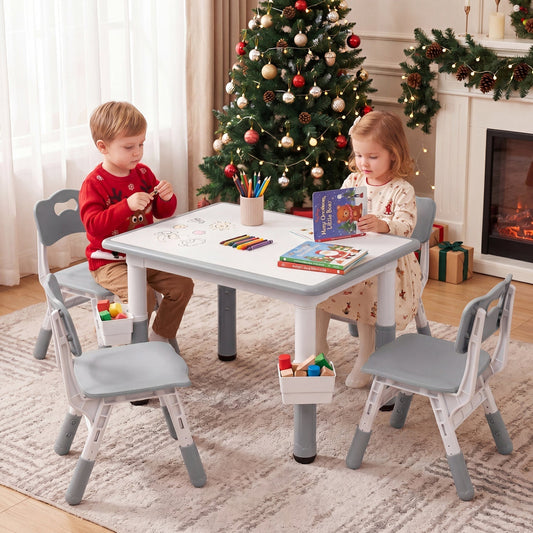 Kids table and four chairs set by GBruno Store with adjustable height, featuring colorful, child-friendly design and sturdy construction.
