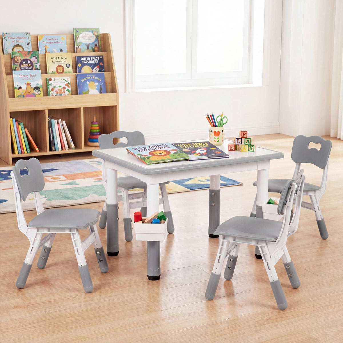 Kids table and four chairs set with adjustable height, featuring colorful plastic seats and a sturdy wooden table by GBruno Store.