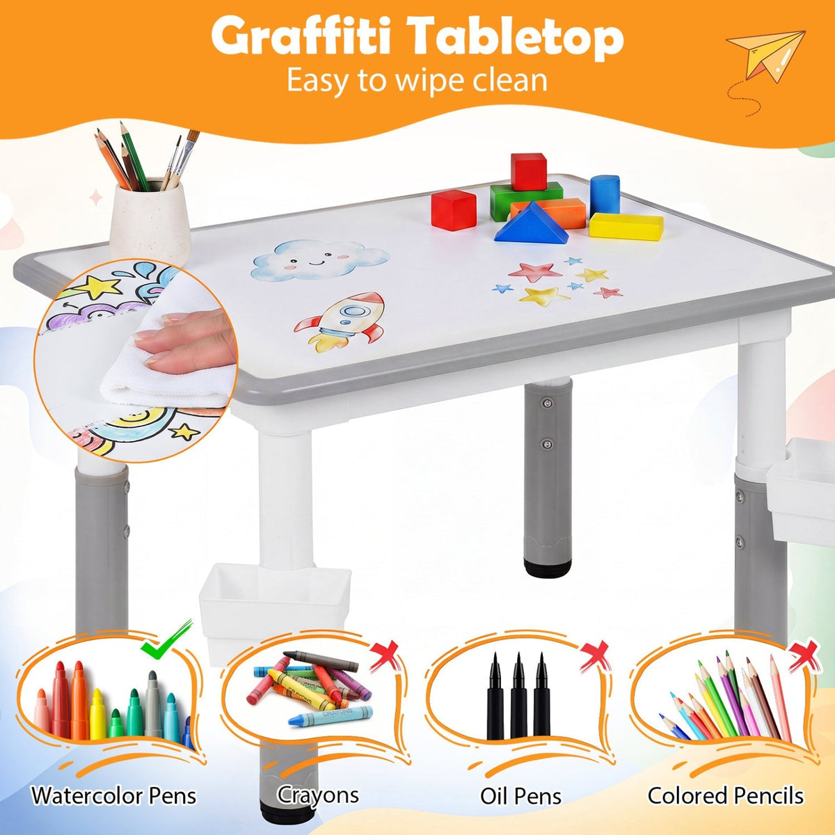 Kids table and four chairs set with adjustable height, featuring colorful plastic seats and sturdy wooden table, suitable for children.