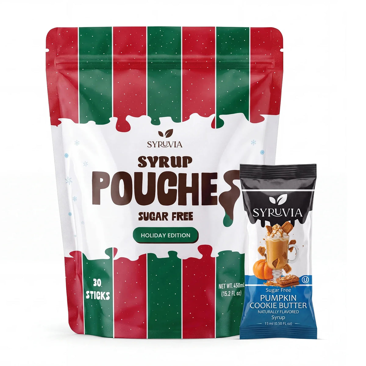 Sugar free pumpkin cookie butter syrup pouches by Syruvia, perfect for holiday baking and flavoring desserts.
