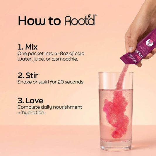 Couples' wellness pack featuring Root'd hydrating multivitamins for her and him, displayed on a kitchen countertop.