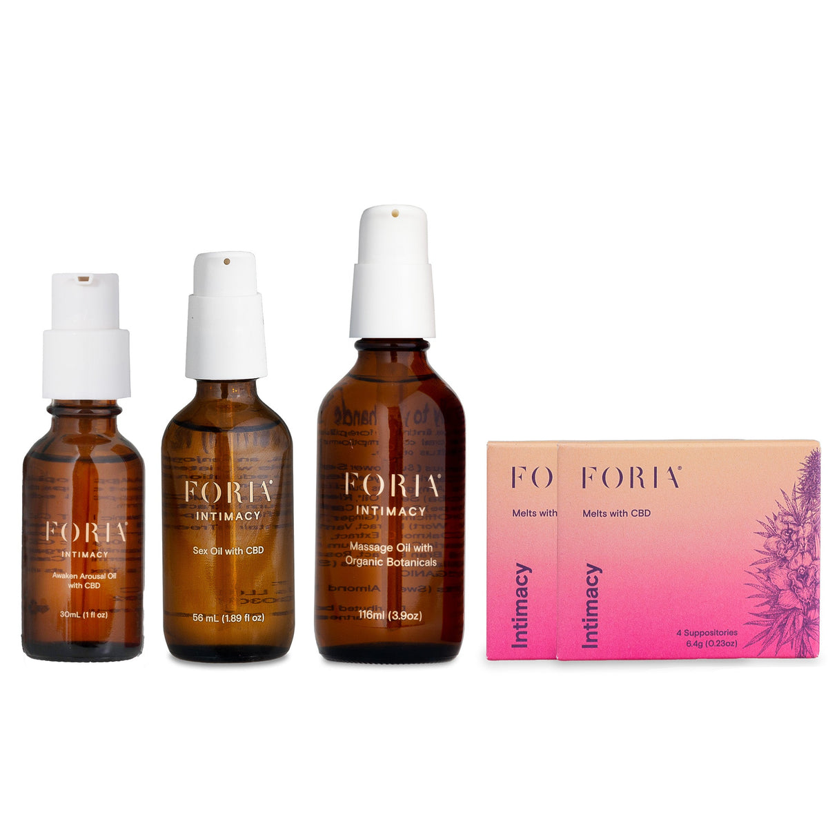 Foria Honeymoon Set with personal lubricants and massage oils in sleek packaging, ideal for intimate moments.