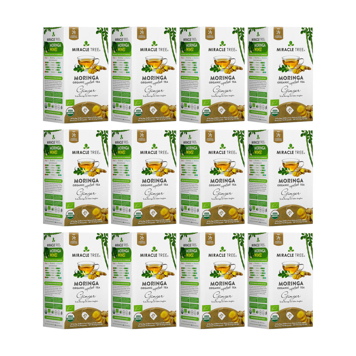 Organic Moringa Tea with ginger from Miracle Tree, a caffeine-free herbal tea featuring fresh ginger slices and vibrant green moringa leaves.