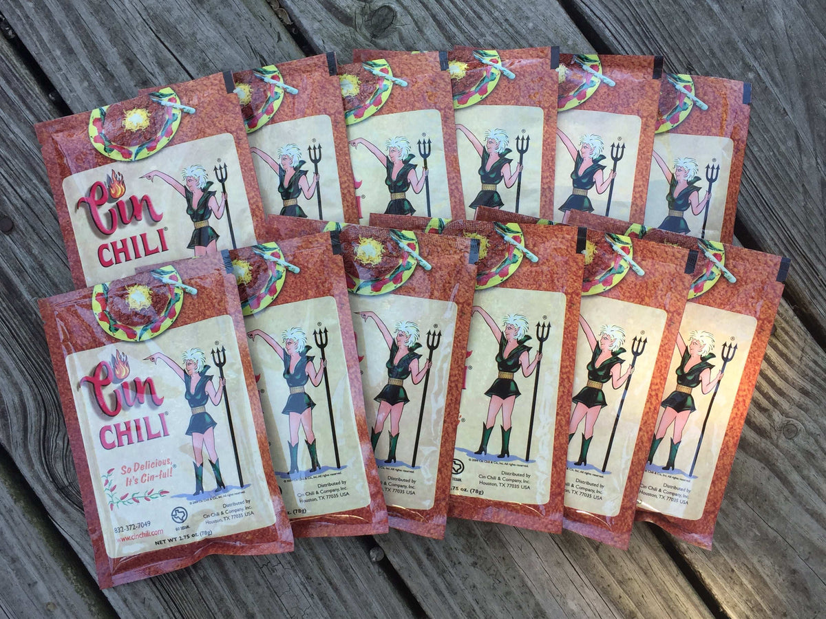 Cinderosa Ranch Cin Chili Seasoning Mix 12-pack, savory spice blend for chili and Mexican dishes, shown in a colorful packet.