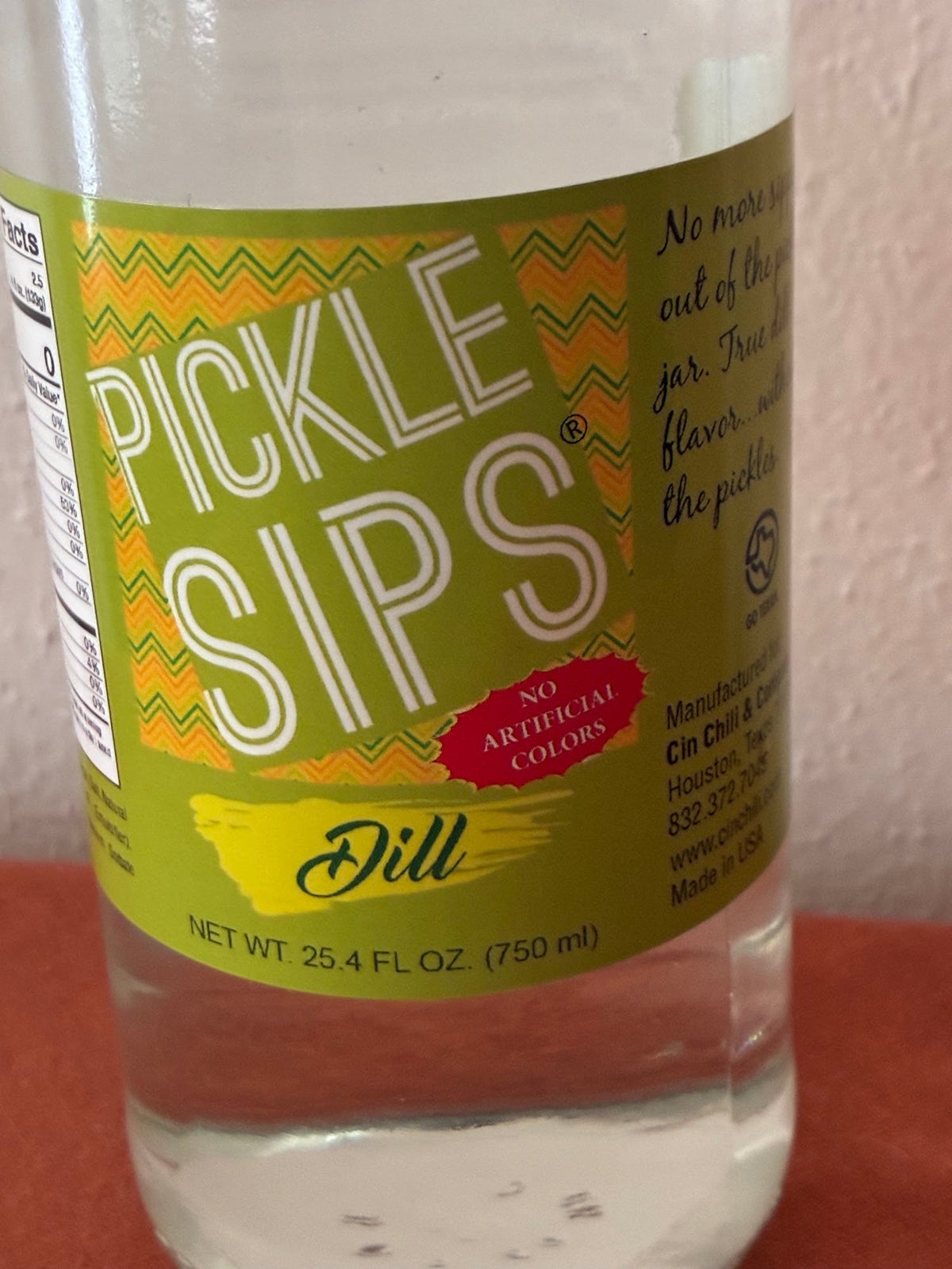 Cinderosa Ranch Pickle Sips Dill bottle with clear label and green cap, showing the 25.4 fl oz (750 ml) packaging.