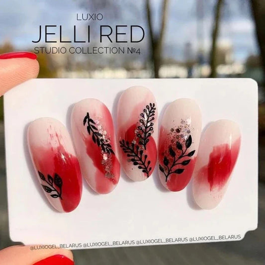 Luxio Gel Polish Jelli Red 15ml bottle with a vibrant red color, showcasing the sleek packaging and brand label.