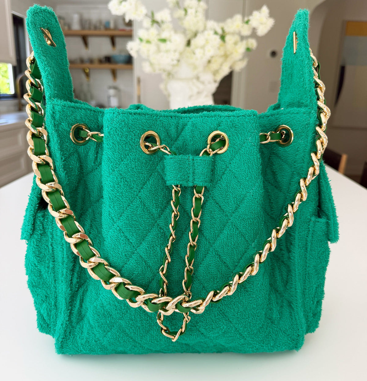 Small Bayshore Bucket Bag by BEACH HAUS in vibrant Kelly Green, featuring a woven texture and casual, trendy design.
