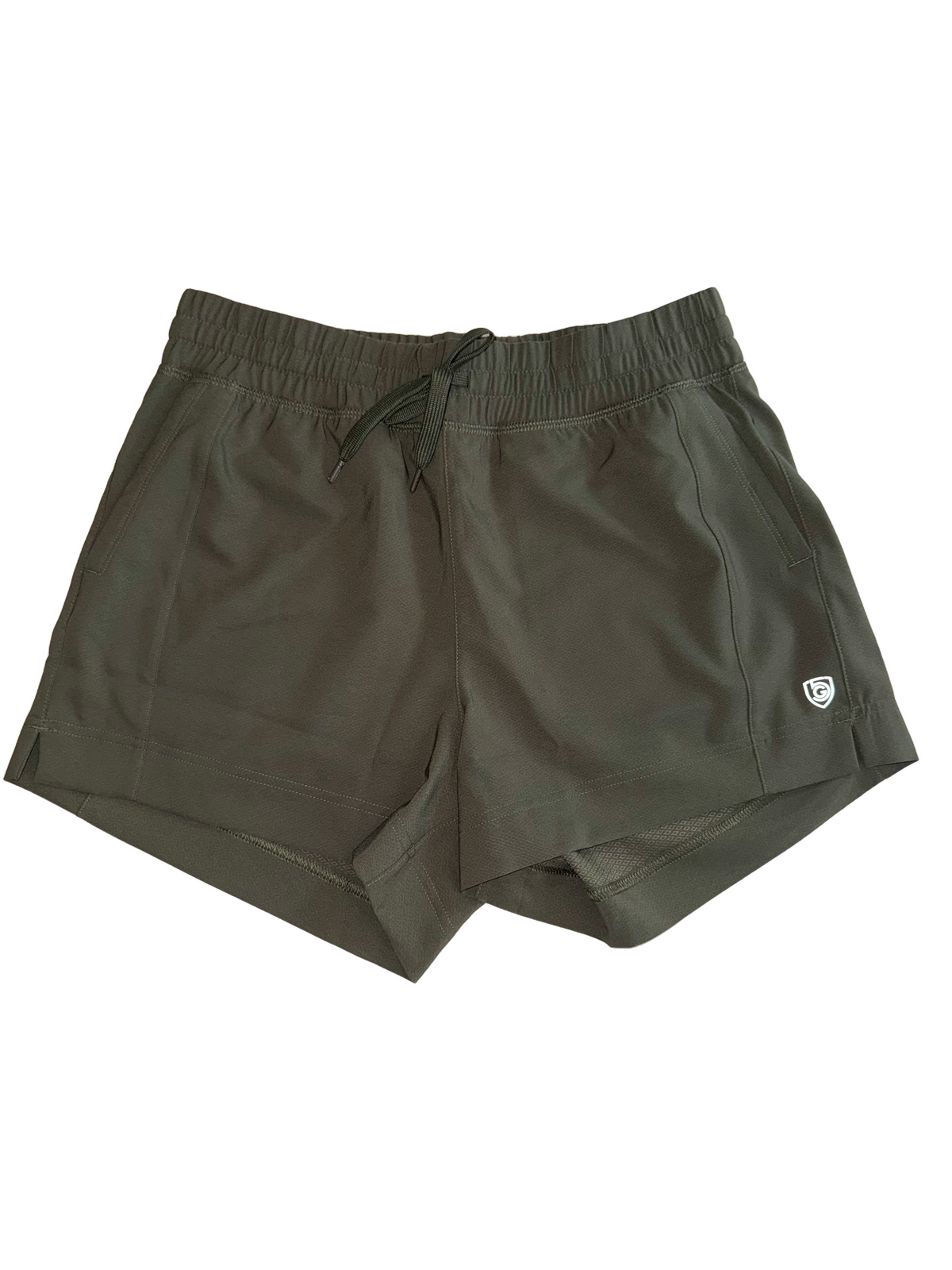 Dark moss green Goal Five Indie 2.0 women's training sport shorts, front view, lightweight and comfortable for active wear.