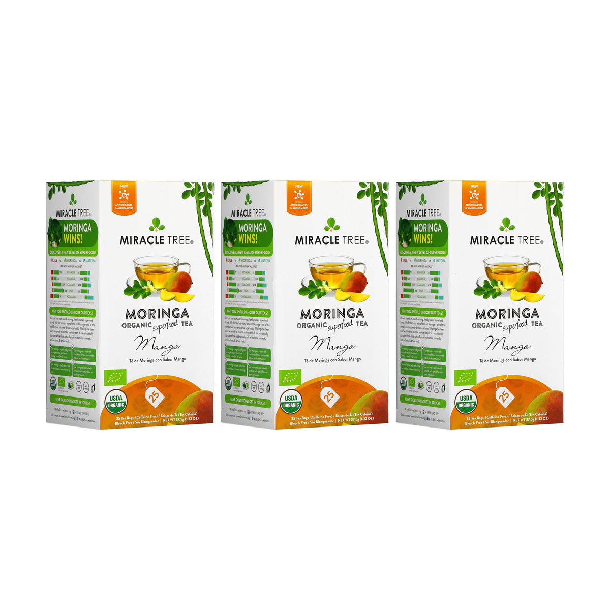 Organic Moringa Tea by Miracle Tree in mango-flavored herbal tea with vibrant dried tea leaves and mango pieces.