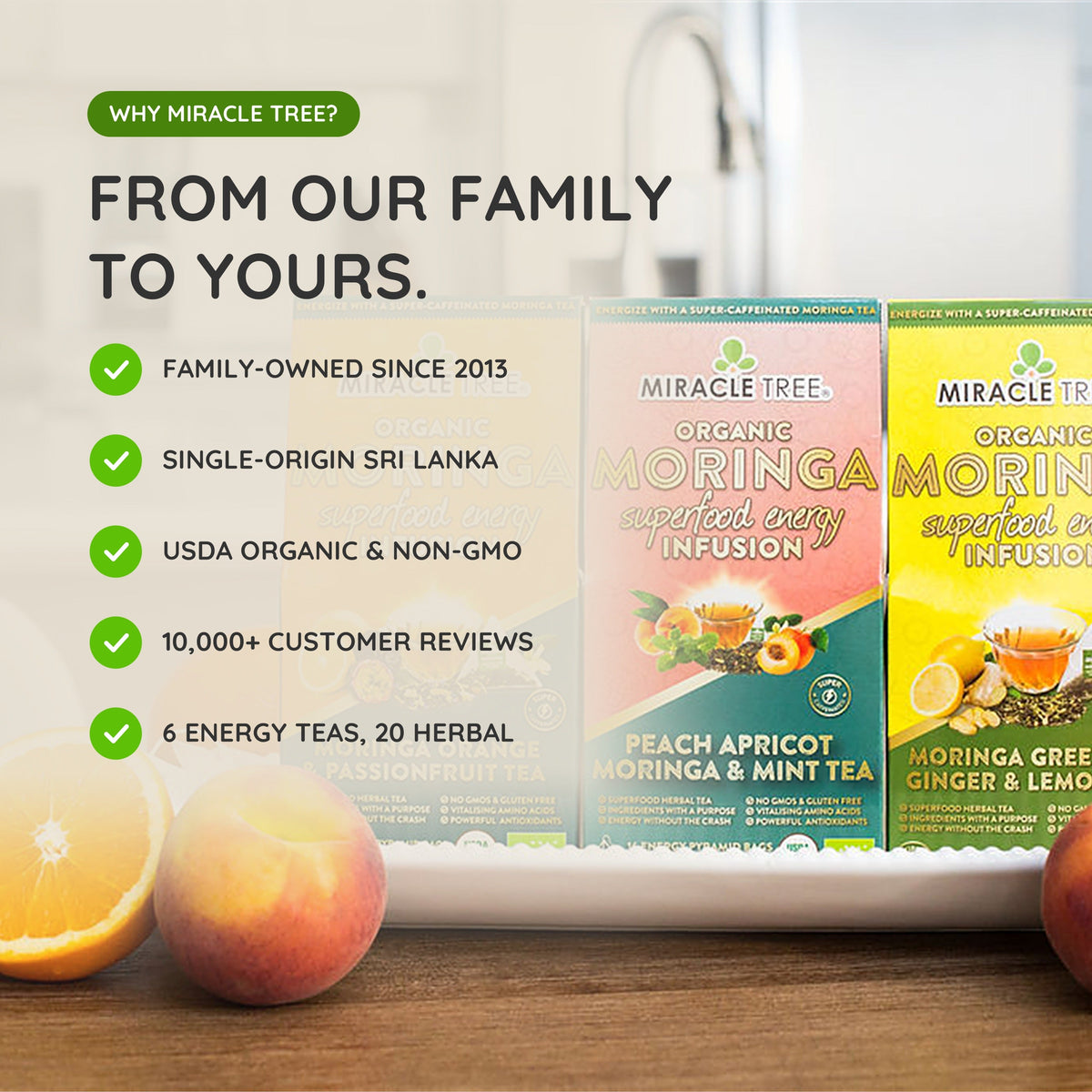 Organic Moringa Energy Tea by Miracle Tree with ginger and lemon, natural coffee alternative in a vibrant tea cup.