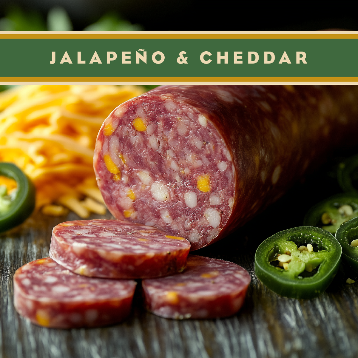 Jalapeño cheddar summer sausage by Artas'n Meats, showing slices of spicy jalapeño and cheddar-filled sausage on a wooden board.