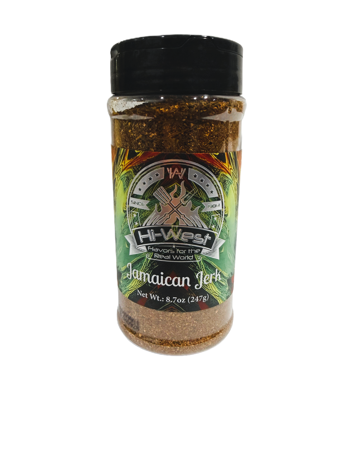 Spicy Hi-West Jamaican Jerk Seasoning in a jar, featuring vibrant red and brown spice blend, ideal for grilling and marinating meats.